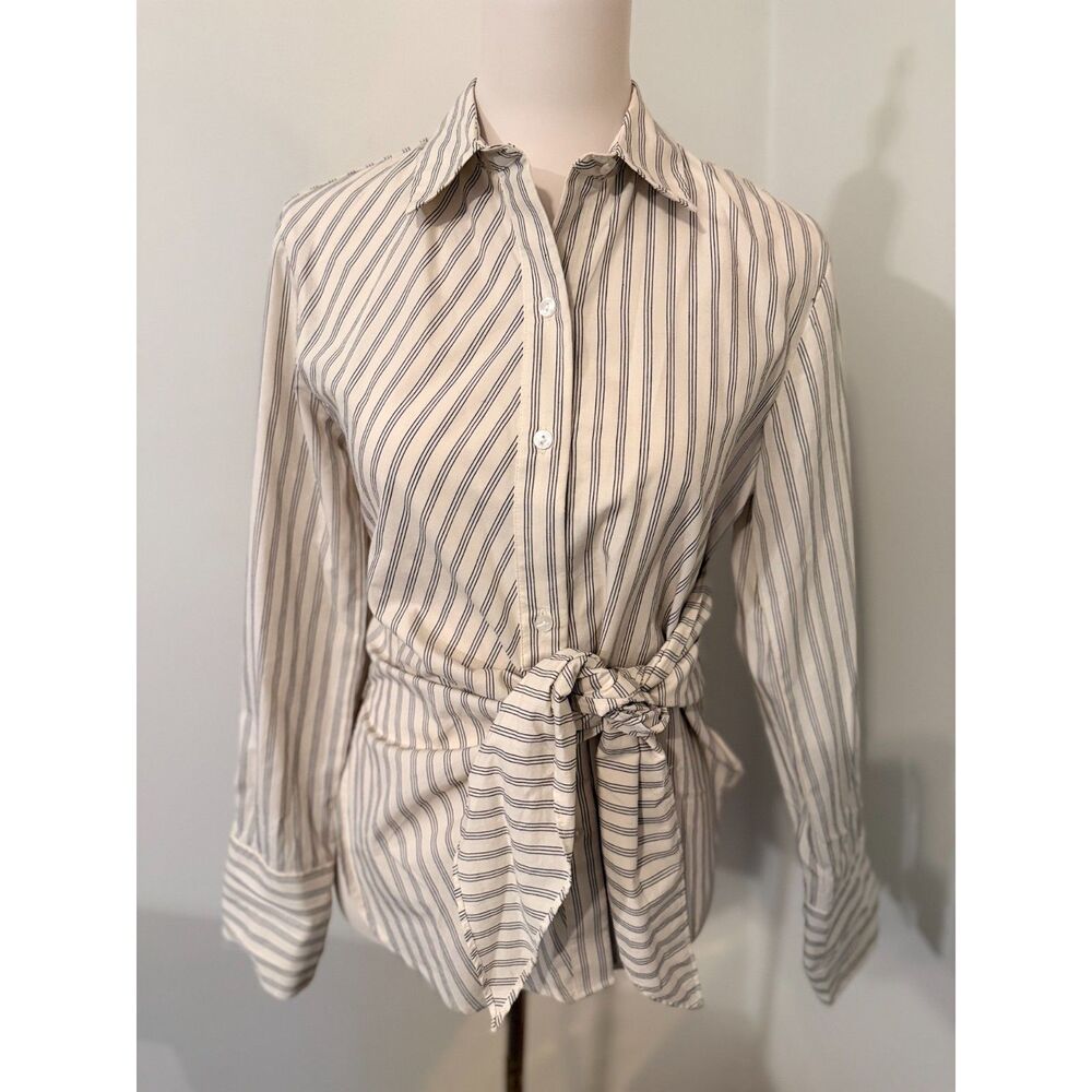 Abercrombie & Fitch XS Cream Navy Pinstripe Tie Waist Button Down Shirt